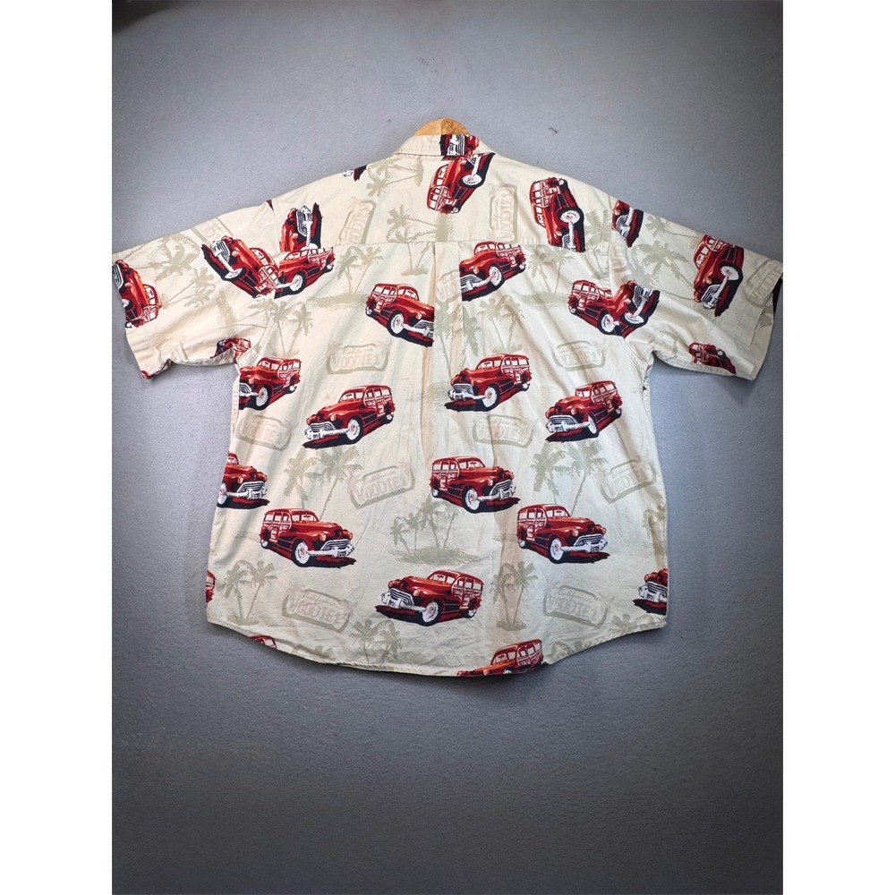 Puritan Mens XL Beige Red California Woodie Car Palm Tree Hawaiian Aloha Shirt